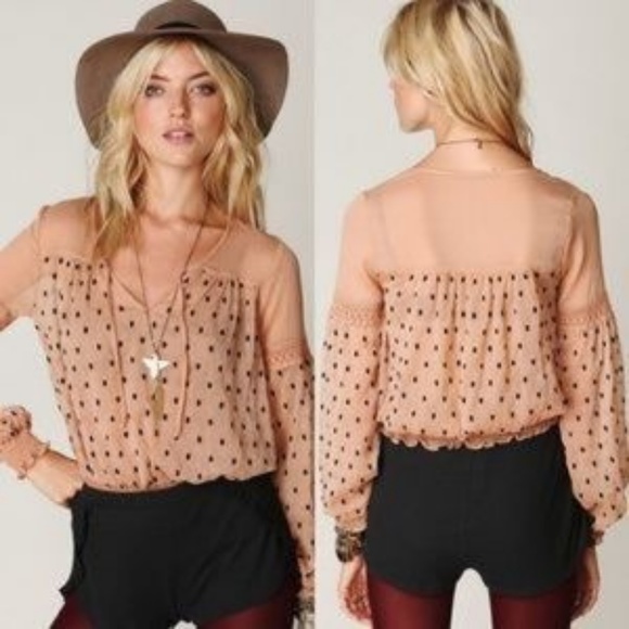 Free People Tops - FREE PEOPLE Sheer Blush Pink Polka Dot Top S EUC